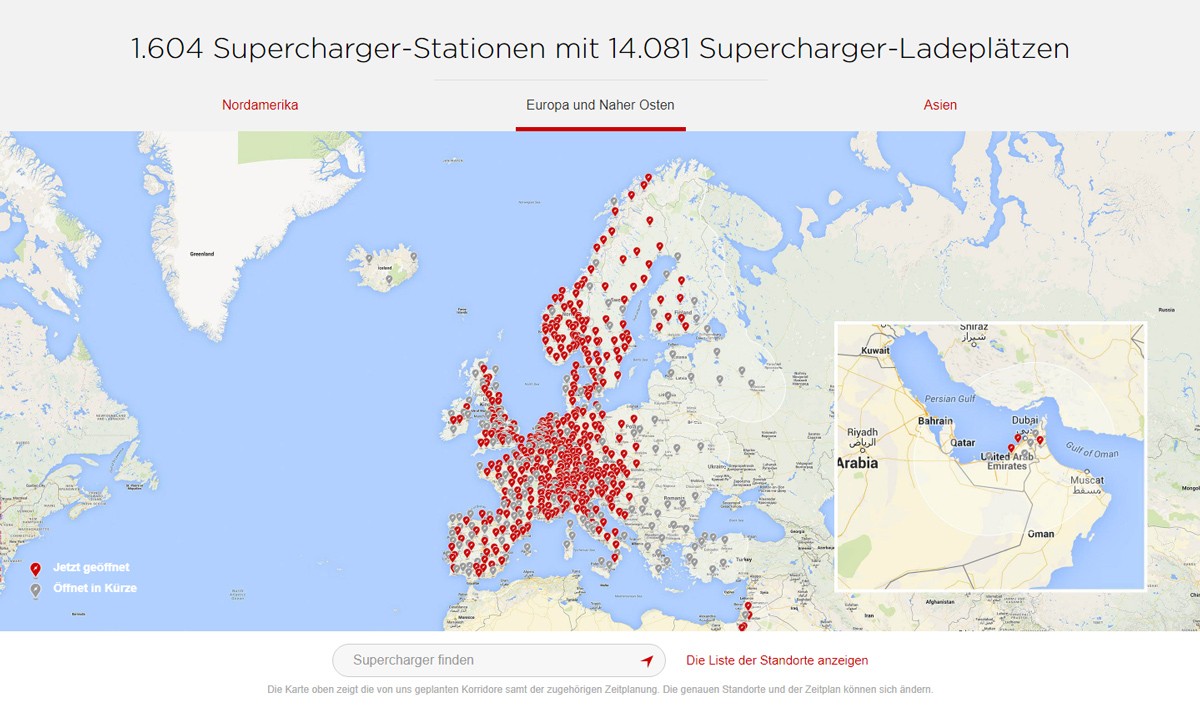 Karte mit Tesla-Supercharger in Europa